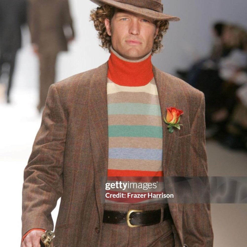 New Henry Jacobson, size Lg, taupe/multicolor stripe silk/cashmere turtleneck